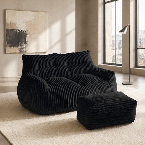 Fauteuil poire double noir 135x100x75 cm avec repose-pieds, tissu flanelle et mousse, MEUBLIV (1/5)
