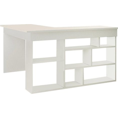 Cotecosy – Bureau d'angle blanc avec 8 étagères – Finition mélaminée résistante à la chaleur – Dimensions 129x120x72 cm – Idéal pour optimiser l'espace de travail