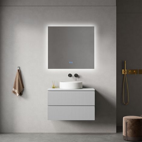 Mobile bagno sospeso cannettato 80 cm Bianco Opaco per Lavabo d'appoggio Specchio Quadro Retroilluminato - Fiji Paint Top Canneté (1/4)