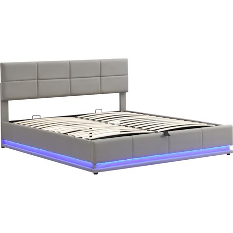 Letto contenitore 180x200 cm in pelle PU con LED e rete a doghe, grigio chiaro (1/5)