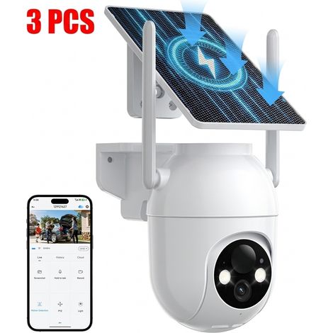 Lot de 3 Caméra de surveillance interieur / exterieur WiFi sans Fil Solaire 2K 3MP avec Panneau Solaire 5W, 2K QHD, Batterie 5200mAh, 2.4G, 355° PTZ Suivi Automatique, IP66, PIR Détection Konsoefuly (1/5)