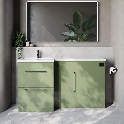 Napoli 390 Olive Green 1500mm 2 Drawer Vanity Unit Toilet Suite with Left Hand Square Lucia Basin - 1500mm - Matt Black 320mm HandleWithout Kingston Toilet Pan