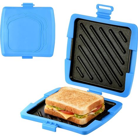 Caja tostadora de sándwiches para microondas azul de 16x16 cm con bandeja de aluminio extraíble y funda de silicona para paninis y tocino. (1/5)