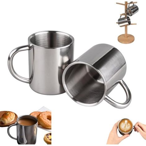 Set di 2 tazze in acciaio inox, tazze da caffè a doppia parete in acciaio inox, tazze termiche isolate da 220 ml, tazze da campeggio, mantengono le bevande calde o fredde. (1/5)