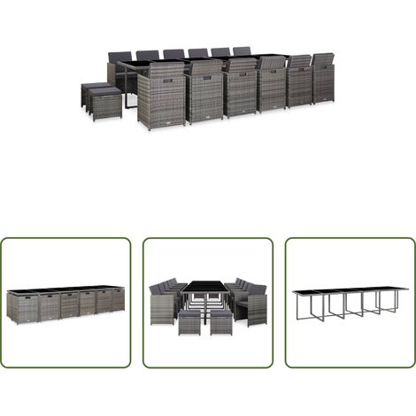 Rattan-Stuhl - 17-tlg. Garten-Essgruppe mit Auflagen Poly Rattan Grau (1/5)