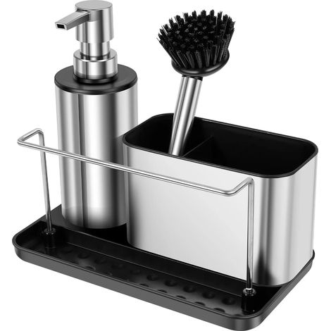 (Argent 3 en 1) Distributeur de savon 3 en 1 avec brosse, porte-éponge, barre porte-serviettes et rangement pour évier de cuisine. (1/5)