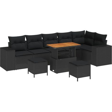 Garden Sofa Set with Cushion 9 pcs Black Poly Rattan vidaXL
