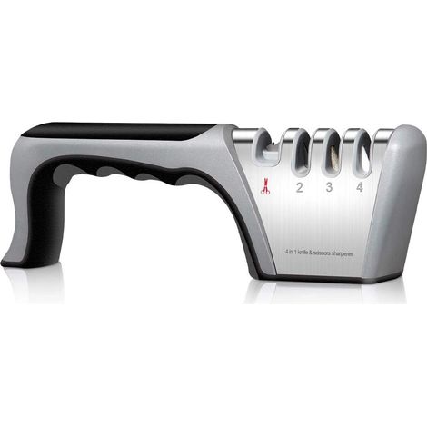 Aiguiseur de couteaux professionnel, aiguiseur de cuisine 4 en 1 avec gomme antidérapante, aiguiseur pour couteaux de cuisine et ciseaux de toutes tailles (noir) (1/5)