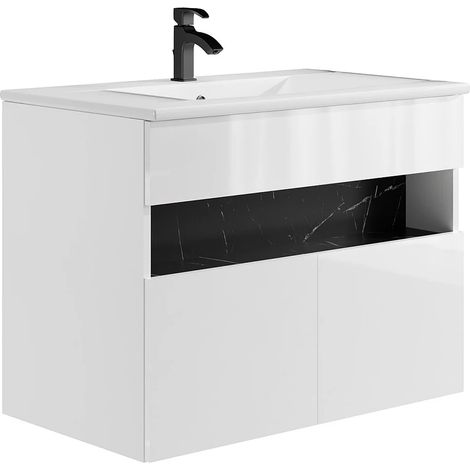 Mobile per il bagno sospeso a LED con lavabo da incasso Bianco e Nero effetto marmo L80 cm POZEGA (1/5)