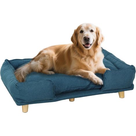 Lit pour chien surélevé en bois avec coussin lavable 30 kg dimensions 96x66x24 cm couleur bleue idéale pour le confort des animaux (1/5)