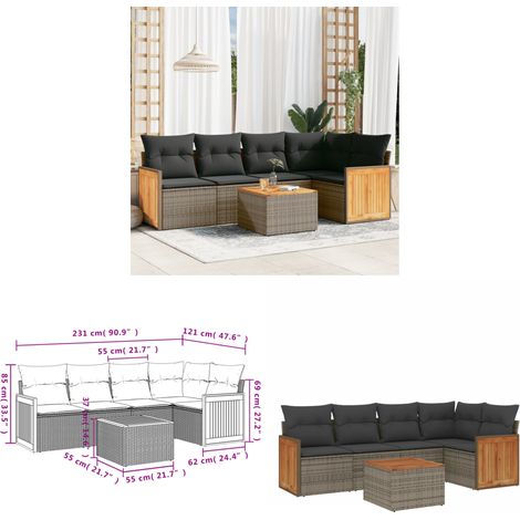 6-tlg. Garten-Sofagarnitur mit Kissen Grau Poly Rattan - Gartenmöbel - Esstisch - Lounge Set - Outdoor Möbel - Rattan Gartenmöbel - Home & Living (1/3)