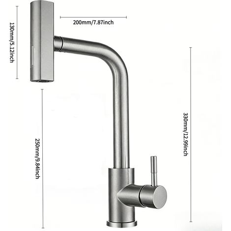 Robinet de cuisine avec douchette extractible, mitigeur de cuisine à effet cascade, trois modes de jet, pivotant à 360° et extractible, construction en acier inoxydable avec finition brossée. (1/5)