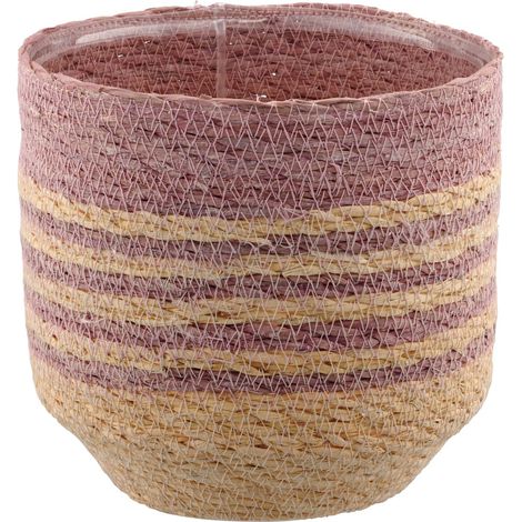 Gasper – Cache-pot CREATIV home avec doublure plastique – Rose et naturel, jonc de mer, Ø 16 x H 16,5 cm