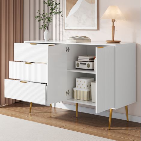 Credenza in MDF bianco e oro 120x38x80,5 cm con 3 cassetti, 2 ante e ripiani interni (1/5)