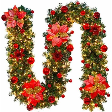 2.7M Christmas Garland with Lights, Pre-lit Christmas Garland Decoration with 30 LED Lights Battery Operated Christmas Rattan for Stairs Fireplace Artificial DIY Xmas Tree Decoration (1/5)