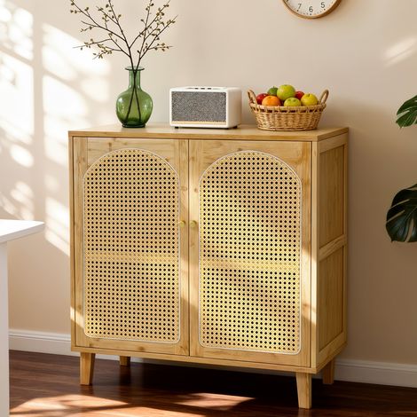 Buffet Bambou 2 Portes Rotin - Meuble Rangement Cuisine Bahut Entrée Boho - Étagère Réglable - Idéal pour Salon Chambre - 75x39x82cm (1/5)