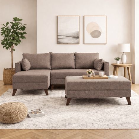 Schlafsofa taupefarbener Stoff – Ecksofa inklusive Hocker – Links