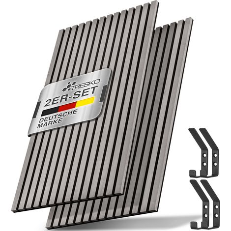 Tresko – Akustikpaneele 2 Stück 120×60 cm – Schallschutz Holzpaneele Eiche Grau – Inkl. 4 Garderobehaken – Einfache Montage mit Montageset (1/5)