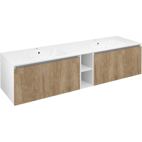 Meuble vasque LOREA 180x46x51,5cm (80+20+80cm), chêne alabama/blanc mat (1/4)