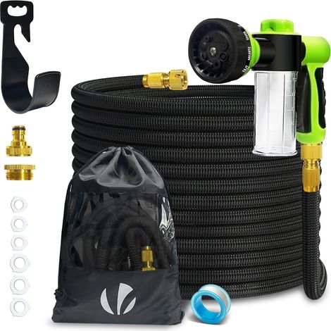 Tuyau d’Arrosage Extensible 15m Renforcé avec Récipient Savon Adaptable 1/2" et 3/4" 8 Modes de Pulvérisation Flexible et Anti-Fuite Raccord et Sac de Rangement Fournis Noir (1/5)