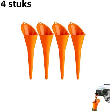 Lot de 4 entonnoirs de remplissage orange en plastique avec long bec coudé pour huile moteur et autres liquides automobiles conception mains libres pour faciliter le remplissage et éviter les éclabous (1/5)