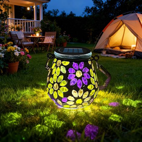 1 lampe solaire ovale en mosaïque pour jardin, extérieur, lanterne solaire à suspendre en verre, IP65, étanche pour table, pelouse, chemin, cour, terrasse, clôture, mosaïque de fleurs (1/5)