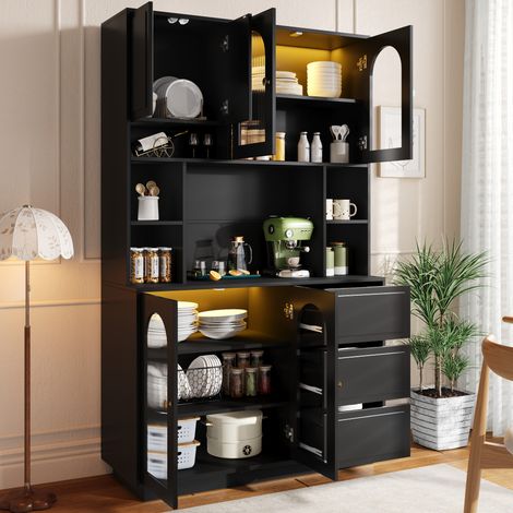 Buffet haut de rangement, armoire de cuisine à portes galbées en acrylique, meuble bar avec niches ouvertes, éclairage LED multicolore piloté via appli, placard de salon pour denrées et vaisselle. (1/5)
