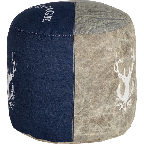 WOMO-DESIGN Asiento Redondo Ø35x43cm Lienzo/Jeans Taburete Jacksonville Nature/Azul Relleno de Algodón Puff Pouf Reposapíes Hecho a Mano Cojín Elegante Cubo Otomano Ideal para Sala de Estar