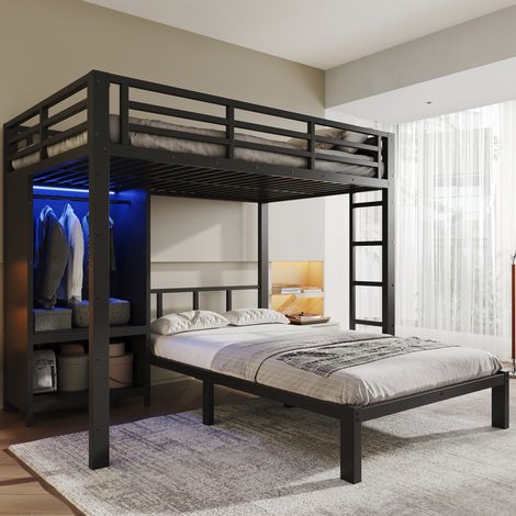 MODFU – Letto a castello 120x200 cm in metallo e legno con armadio LED, scala dritta, 2 posti letto, portata 150 kg e EN 747 – Nero (1/5)