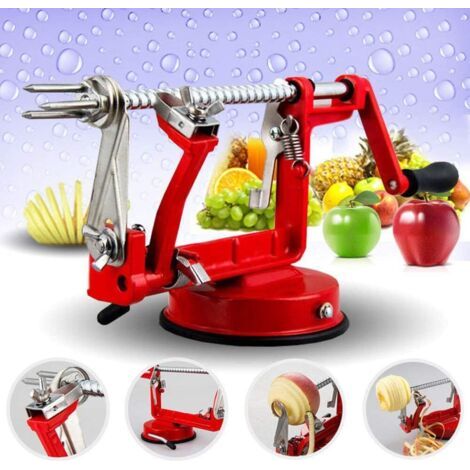 Éplucheur à pommes en métal rouge – Trois fonctions : éplucher, trancher, évider – Base à ventouse pour une stabilité et une durabilité accrues – Réglage automatique (1/4)