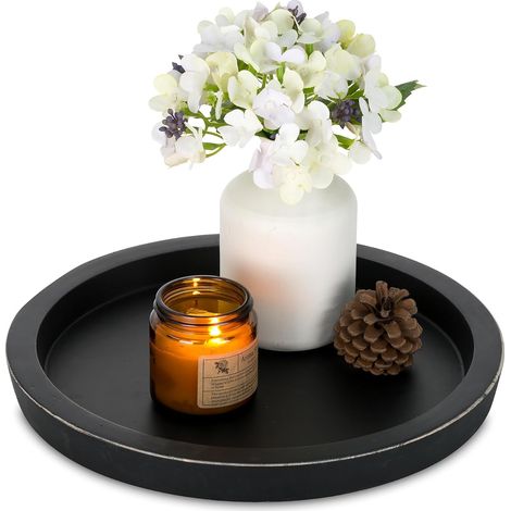 Plateau de service rustique en bois : bougeoir rond décoratif en bois vintage, plateau de majordome, plateau ottoman pour décoration de comptoir de cuisine, table basse (noir, 1) (1/5)