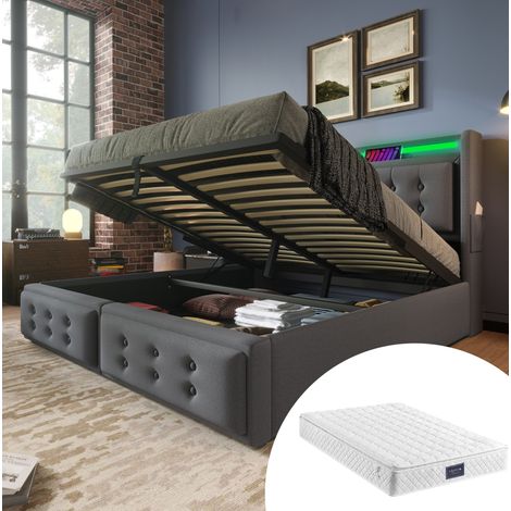 Lit capitonné 140x200 cm moderne avec tête de lit LED, prises USB/Type-C, coffre relevable, gris (1/5)