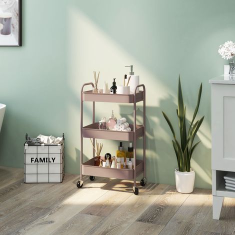 Carrello di servizio in acciaio con vano portaoggetti, su ruote, 3 ripiani forati, 45 x 30,6 x 79 cm, rosa