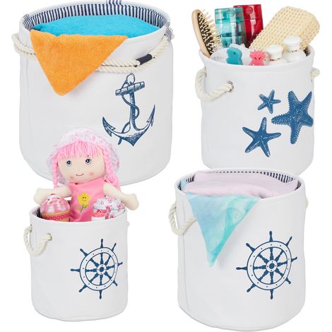 Relaxdays Aufbewahrungskorb 4er Set, maritime Stoffkörbe mit Griffen, Aufbewahrung Bad, Spielzeug, 4 Größen, weiß/blau