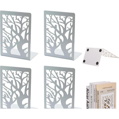 Lot de 2 Paires de Serre-Livres Blancs – Métal Design Branche, Antidérapants, 17.5x12x9cm, Supports Décoratifs pour Bureau, Maison, École (1/5)