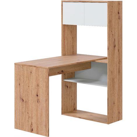 Scrivania Libreria Multiposizione Reversibile con 2 Ante e Ripiani Tavolo Ufficio Casa Salvaspazio Con 3 Configurazioni Verticale E Orizzontale Dimensioni: 140 x 108 x 70 Cm Colore Rovere E Bianco