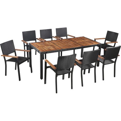 INLIFE Mobilier d'extérieur 9 pcs Résine tressée et bois d'acacia Noir (1/5)