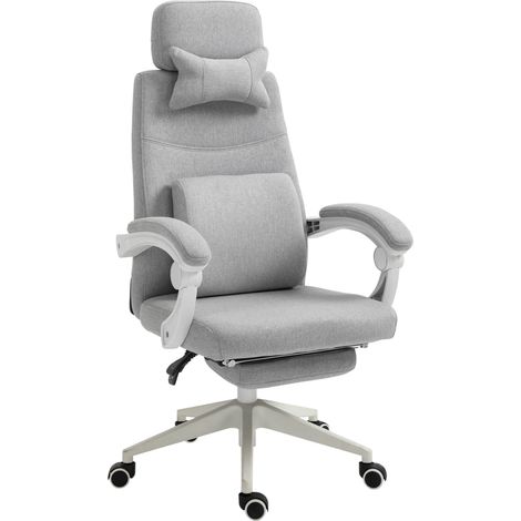Ergonomischer Bürostuhl, Bürostuhl mit Rollen, Lendenwirbelstütze, Kopfstütze und ausziehbarer Fußstütze, Grau, 62 x 68 x 117–127 cm