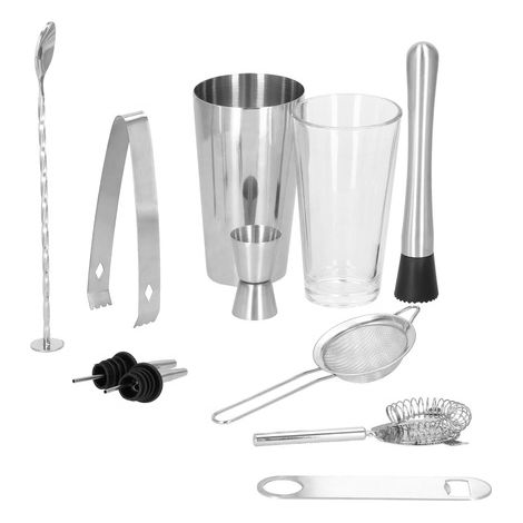 Set da barman con 11 elementi per cocktail, shaker con bicchiere in acciaio inossidabile argento.
