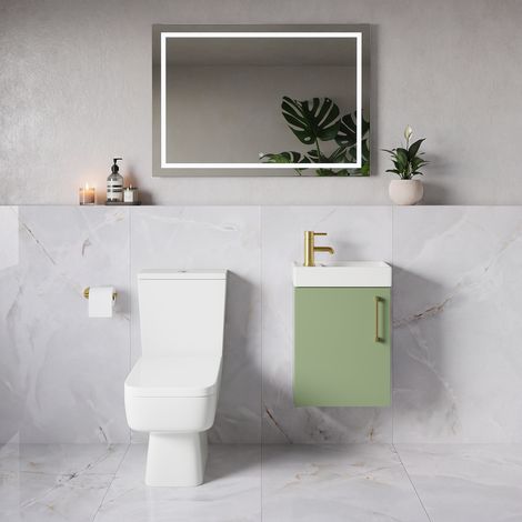 Napoli Cube Olive Green 400mm Single Door Wall Mounted Vanity Unit and Toilet Suite with Align Basin - 400mm - Brushed Brass 160mm Handle