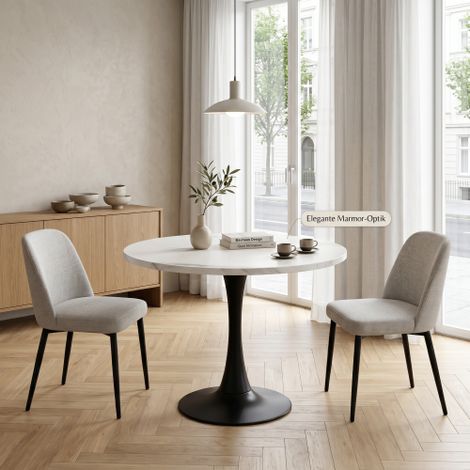 80cm moderner runder Esstisch für 2-4 kleine Empfangstisch mit weißem Marmormuster Holz Schreibtisch und schwarzem Metall Pedestal Kreis Küchentisch für Home Office Esszimmer Wohnung