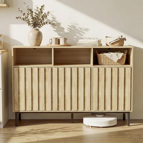 UEV Buffet à 3 Portes, Meuble de Rangement, Design en Lattes de Bois, Étagères Réglables, 3 Compartiments Ouverts/Fermés, avec Éclairage LED, pour Salon, Salle à Manger, 105 x 40 x 80 cm, Naturel (1/5)