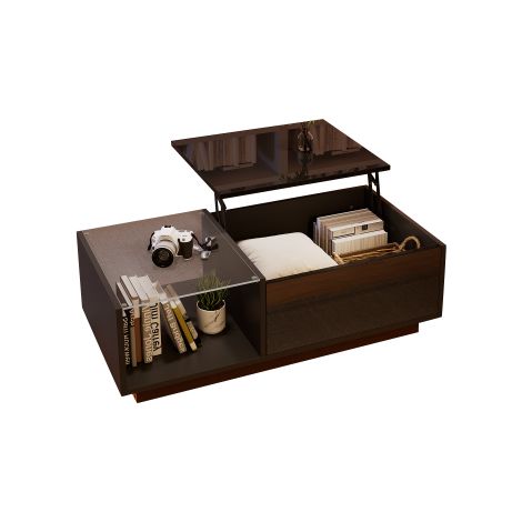 Table basse LED — Table de salon haute brillance (hauteur réglable, avec rangement caché et étagères).