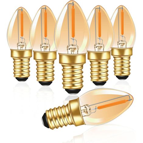 Ampoule Bougie LED Vintage Edison C7 E14 0.5W, Equivalent 5W, Ambre Blanc Chaud 2200K, Ampoule à filament LED Décorative Veilleuse E14 Candélabre, Non Dimmable, Lot de 6 (1/5)