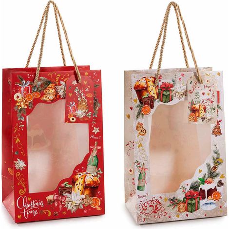 Sacchetti / buste con vetrinetta trasparente per regali di natale. Realizzate in carta decorata con stampa, set da 20 pezzi, cm 16 x 11 x 25 H