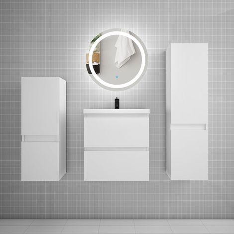 Ensemble meuble vasque L.50cm 2 tiroirs + lavabo + LED miroir 60cm + 2colonne,blanc A (1/5)