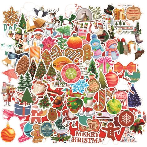 Lot de 100 stickers mignons de Noël pour décoration de fête, autocollants pour frigo, ventilateur, DIY en sac, 100 pièces par paquet (1/4)