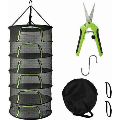 Séchoir à herbes suspendu pliable – 6 étages, filet maille résistant, Ø60 cm, fermeture éclair verte, crochet + sécateur inclus (1/4)