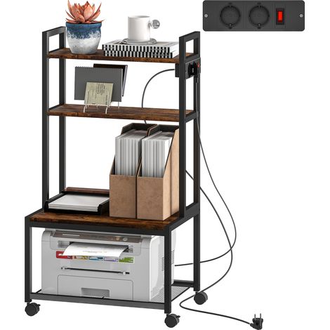 Support pour imprimante marron 4 niveaux avec station de charge, roulettes métal, meuble bureau pratique décoratif (1/5)