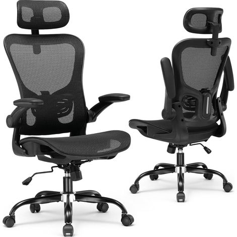 Chaise de Bureau Ergonomique, Fauteuil avec Appui-tête Réglable, Accoudoirs Rabattables, Soutien Lombaire, Chaise de Gaming Fonction Bascule, Siège Rembourré en Maille Respirante,Noir
